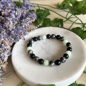 Halloween glow in the dark spiderweb jasper with matte black tourmaline bracelet